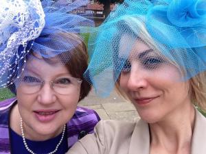 Will the next entrepreneurship project involve hats? Glynis Ross-Munro and Chaz Brueggemann compete with English society in Glynis' home-made hats at Lauren (Davies) and Lindsay Hunting's wedding in Amersham, England. Sept 2014.